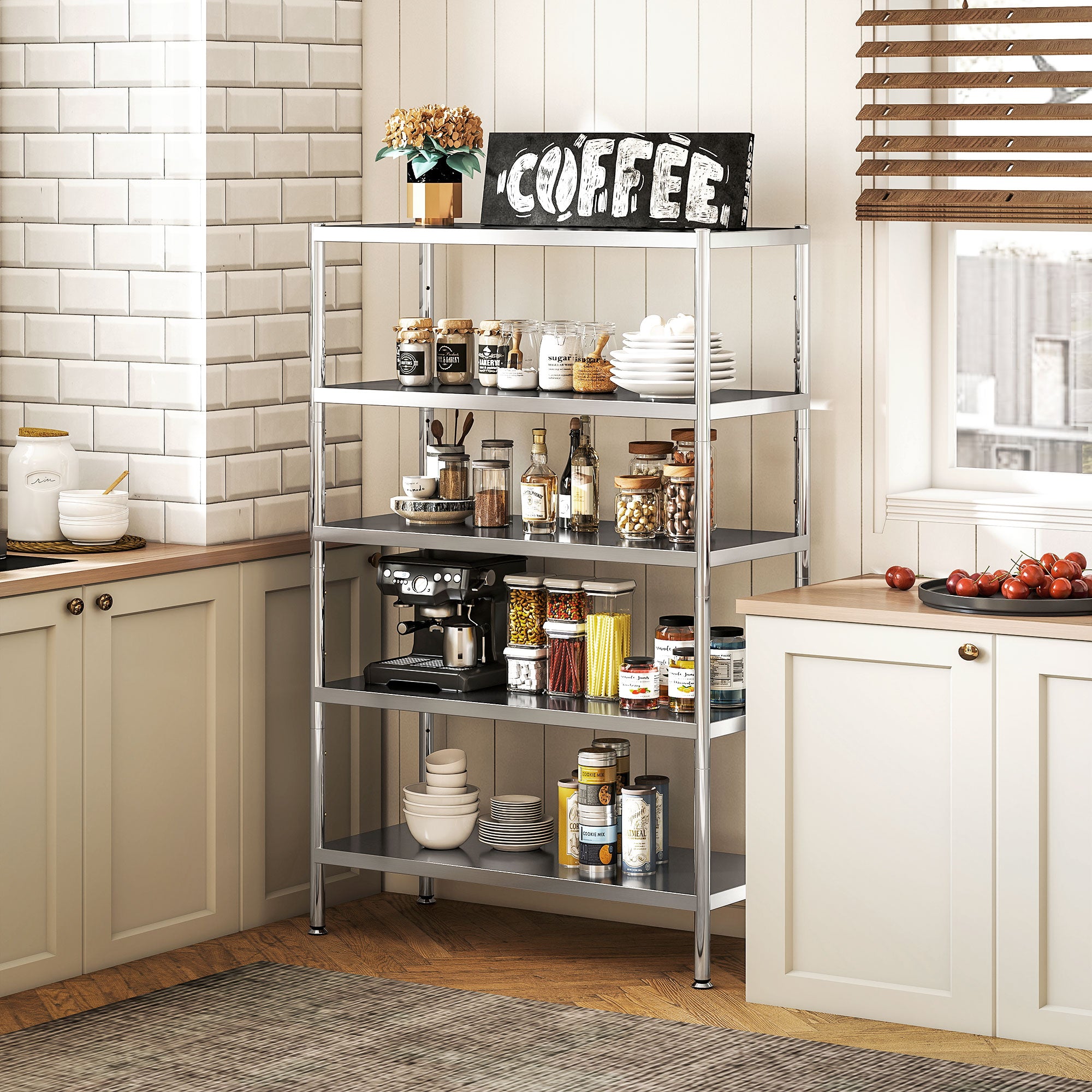 5-Tier Kitchen Shelf with 13 Adjustable Heights, Stainless Steel, 91 x 40 x 139 cm, Silver