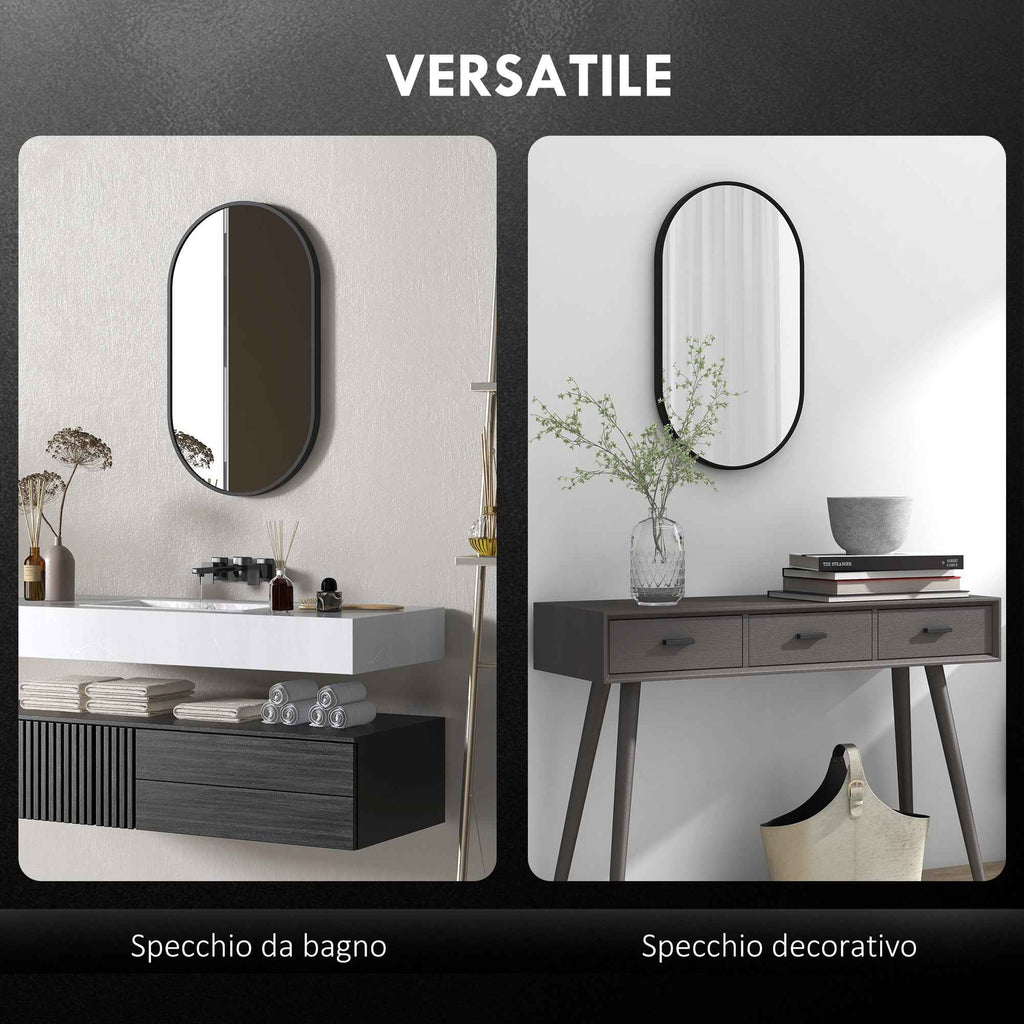 Oval Wall-Mounted Bathroom Mirror with Aluminum Frame, Vertical or Horizontal, 40x70cm, Black