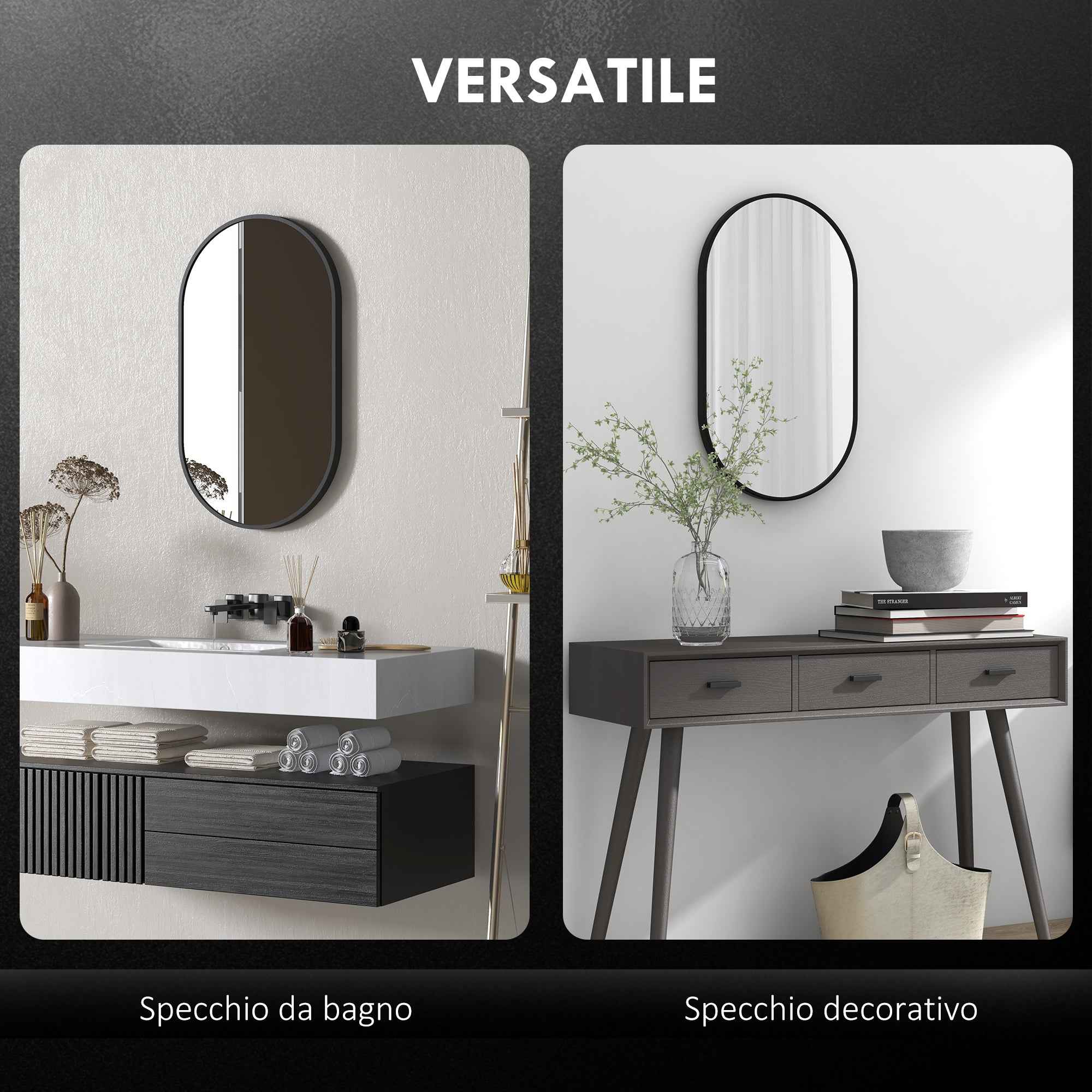 Oval Wall-Mounted Bathroom Mirror with Aluminum Frame, Vertical or Horizontal, 40x70cm, Black