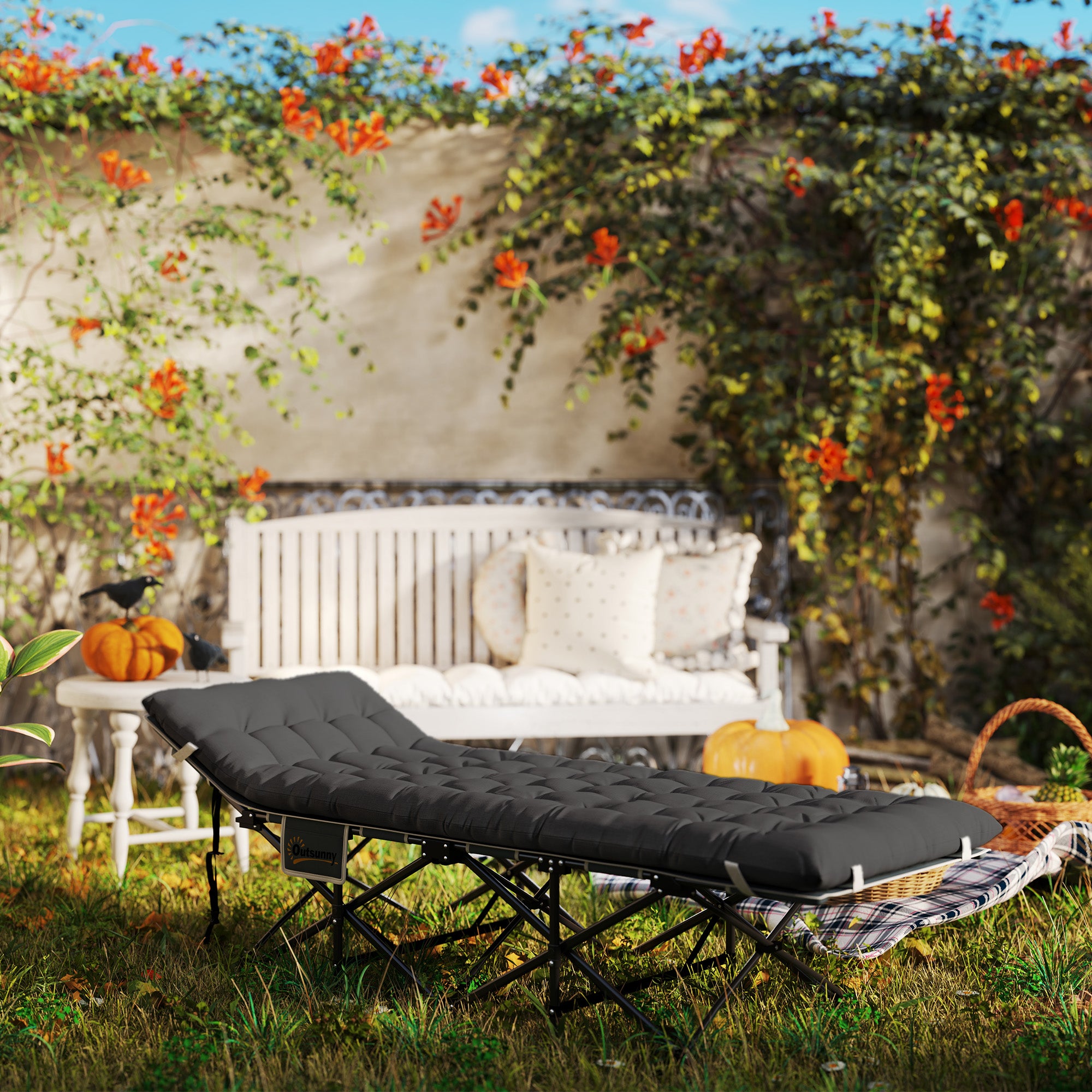 Folding Camping Cot with Inclined Headrest and Removable Mattress, 196x68x37 cm, Black