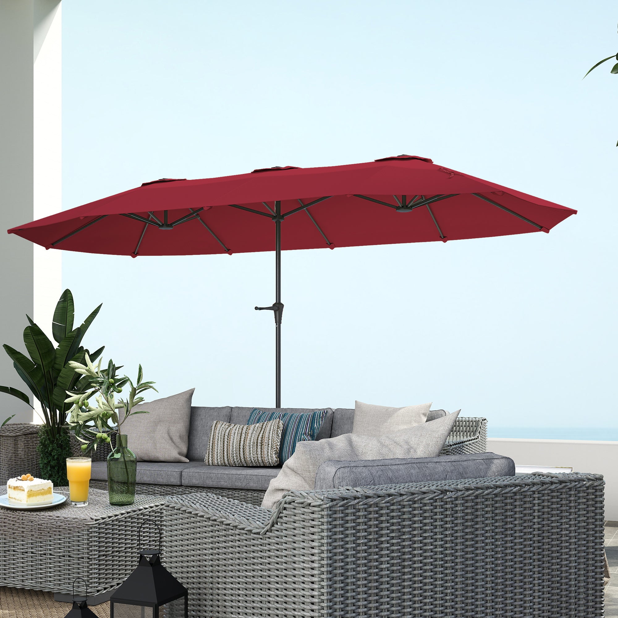 Double Umbrella with Air Vents and Crank, in Metal and Polyester, 4x2.2x2.34 m, Black and Red