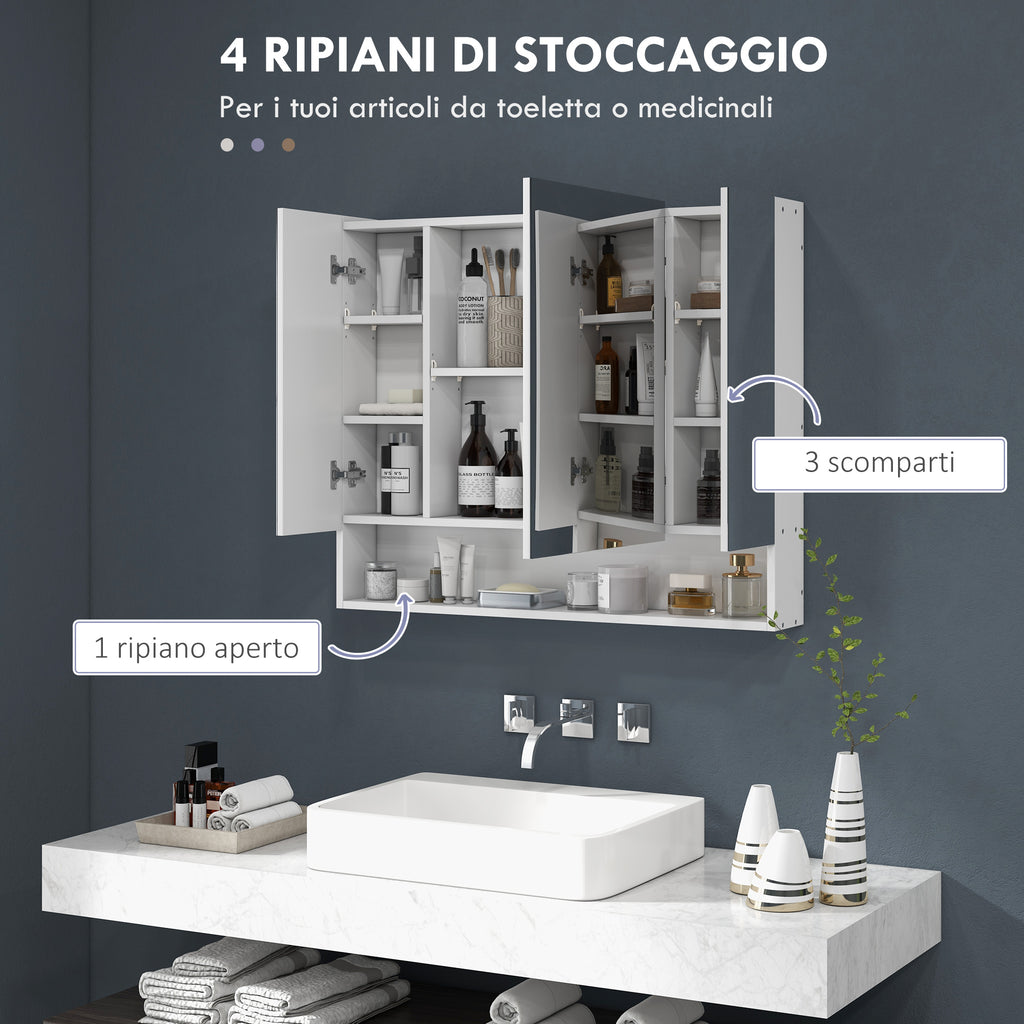 kleankin Bathroom Mirror Cabinet with 3 Soft-Close Doors and Adjustable Shelves, 90x15x75 cm, White