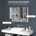 kleankin Bathroom Mirror Cabinet with 3 Soft-Close Doors and Adjustable Shelves, 90x15x75 cm, White