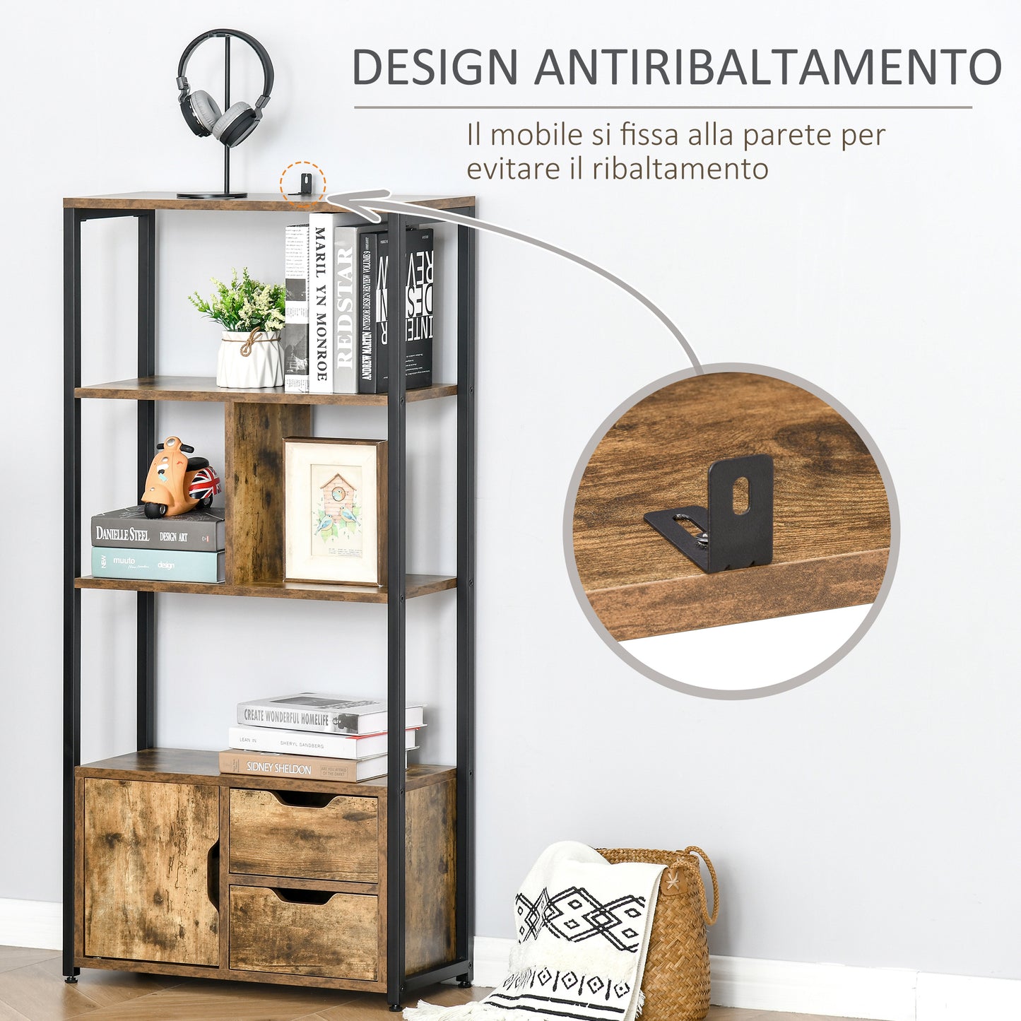 Bookcase Cabinet with 3 Shelves, Cabinet and 2 Drawers, in Chipboard and Metal, 58x24x122 cm