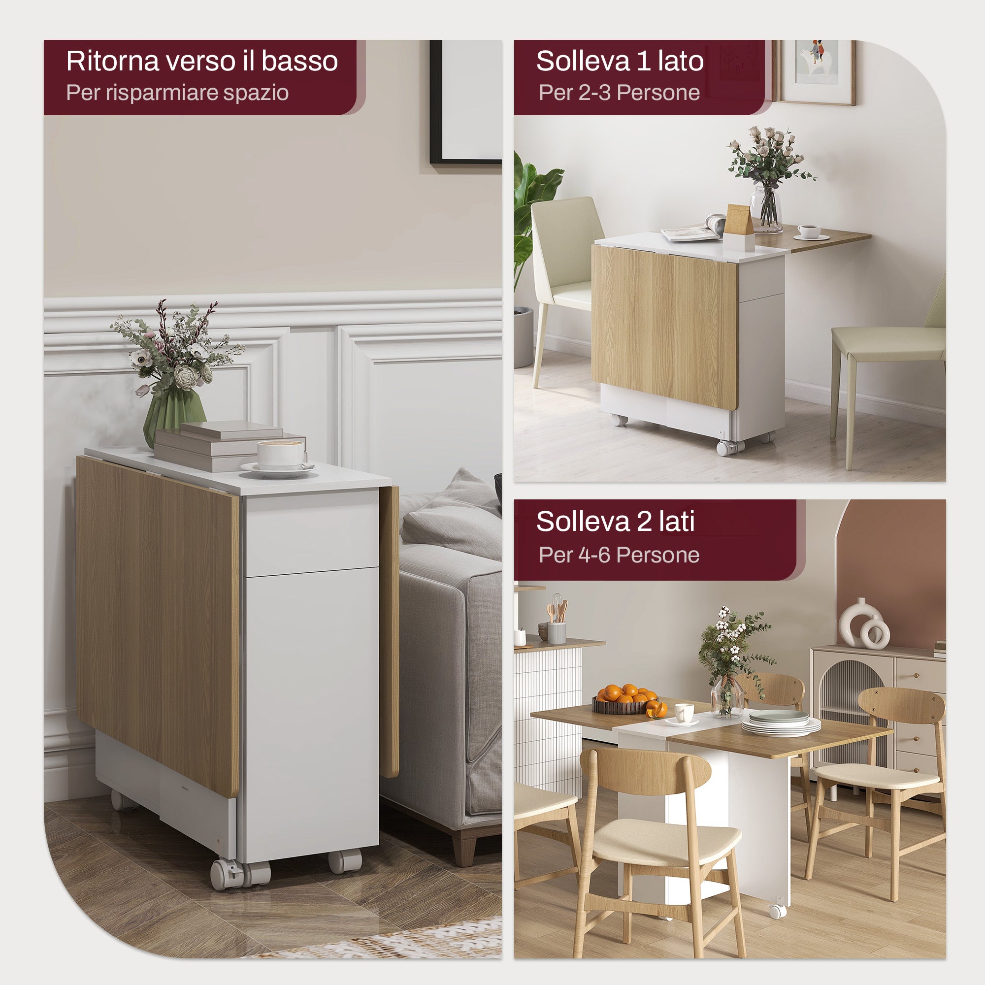 Extendable Rectangular Table with 2 Drawers and a Wooden Cabinet, 140x76x74 cm, White and Wood Color