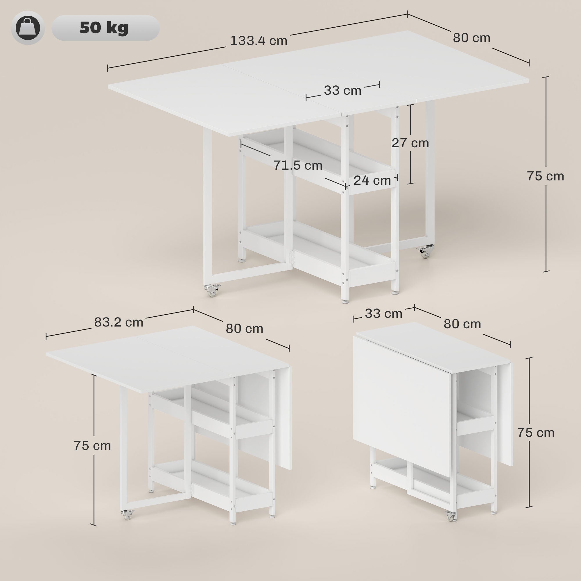 HOMCOM Folding Table with 2 Drop-Leaf Tops for 4 People with 2 Open Shelves, Wood and Metal, 133.4 x 80 x 75 cm, White