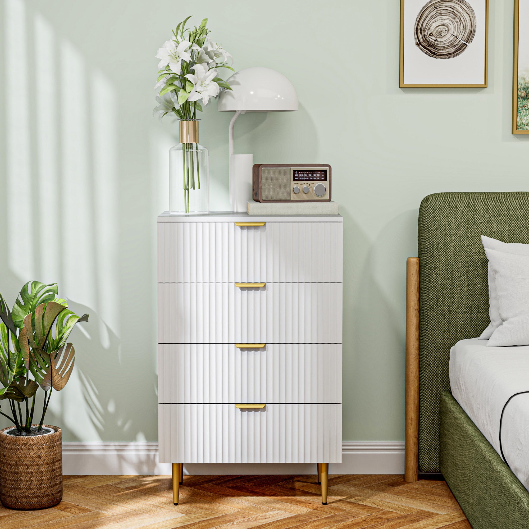 Modern Chest of 4 Drawers with Golden Handles, 60x40x96 cm, White