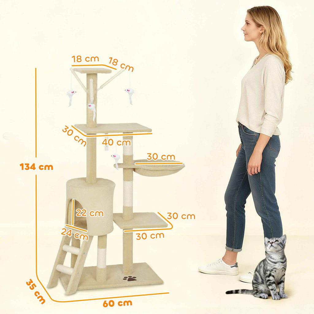 PawHut Cat Tower with House, Perch, Platforms and 4 Hanging Mice, 60x35x134 cm, Beige