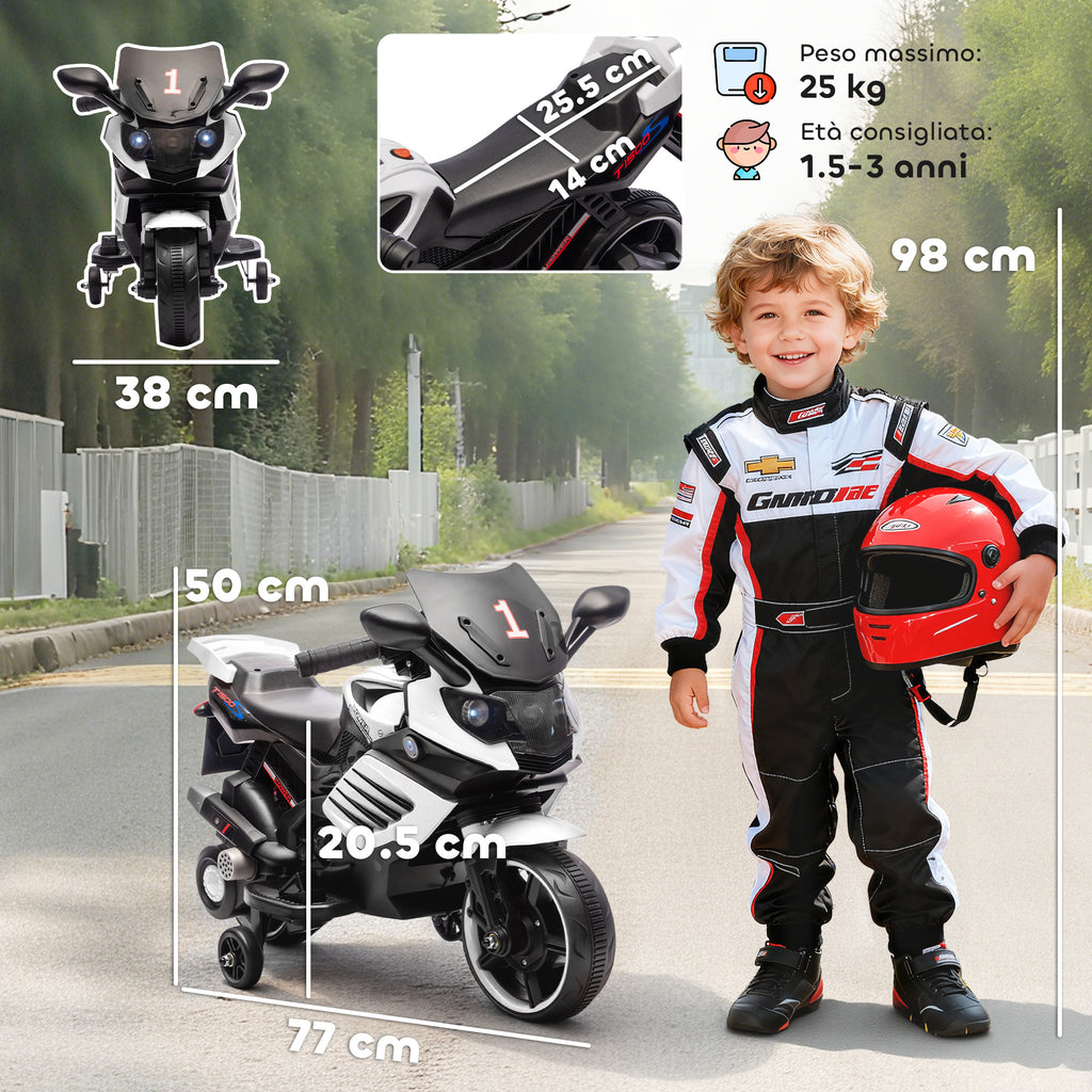 6V Electric Motorcycle for Kids with Removable Training Wheels, Headlights and Music, Ages 18-36 Months, White