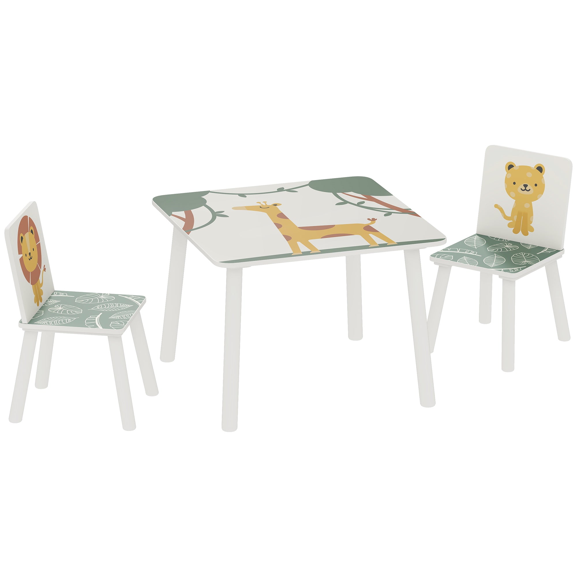 Children's Room Furniture Set with Table and 2 Chairs for Children Ages 3-8 with Animal Design, Green