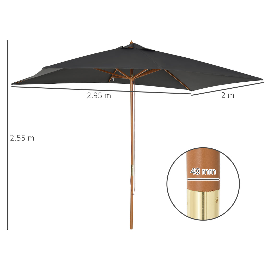2x3m Wooden and Bamboo Garden Umbrella with 8 Ribs and Polyester Cover, Dark Grey