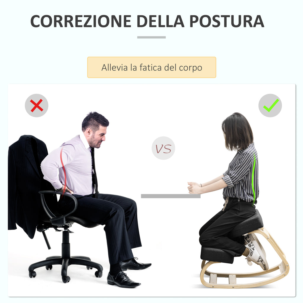 Ergonomic Kneeling Chair in Birch Wood and Cushion, 51x69x58cm, Black