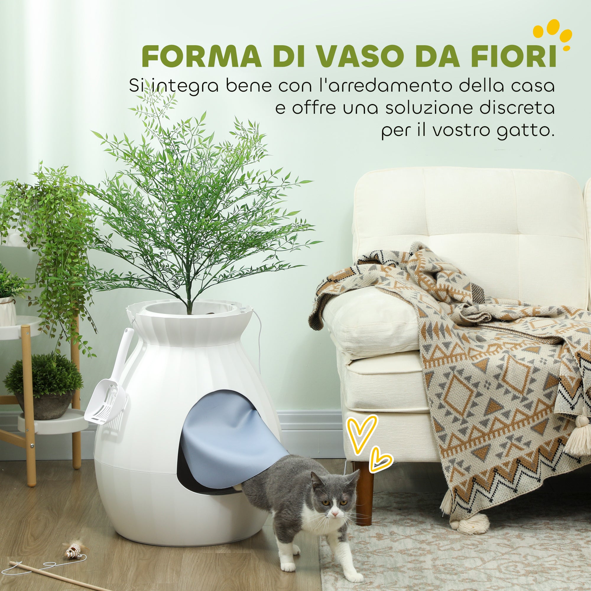 Odor-Resistant Cat Litter Box with Scoop, Pot-Shaped, Made of ABS and Stainless Steel, 50x48.5x58.7 cm, White