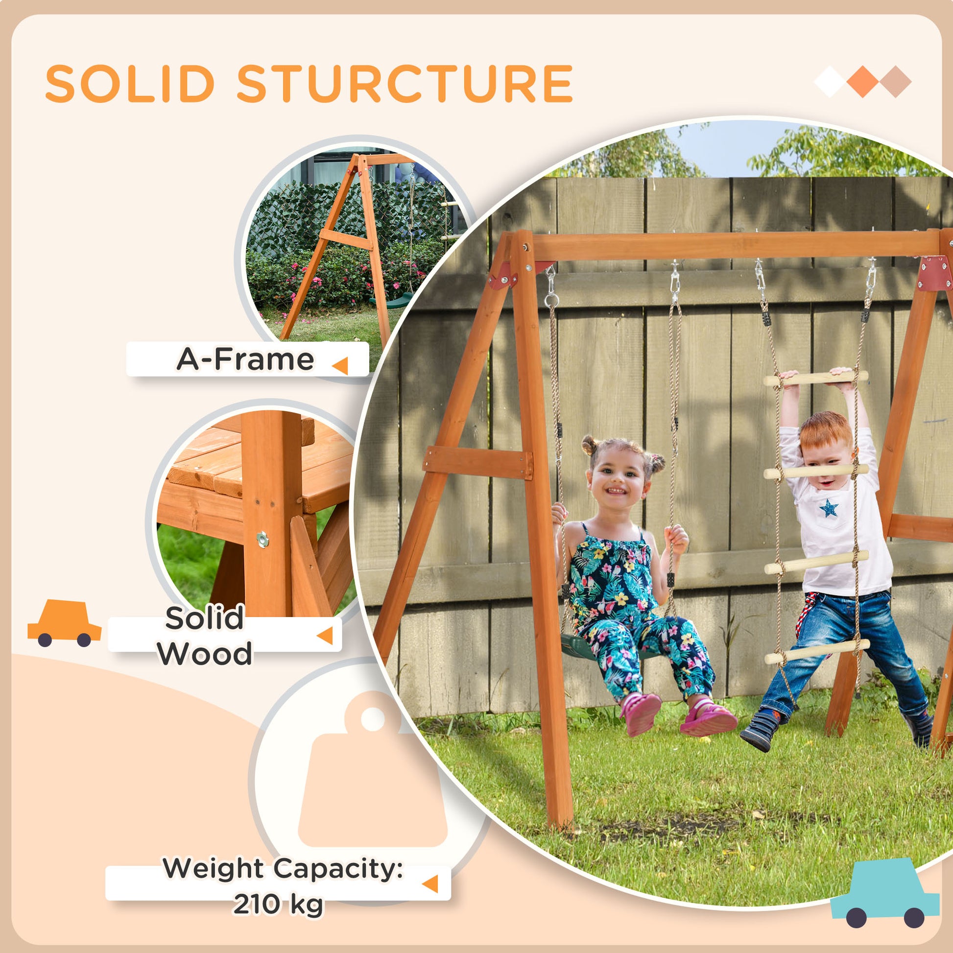 Outsunny set with slide, garden swing and wooden rope ladder for children age 3-8 years - Borgè