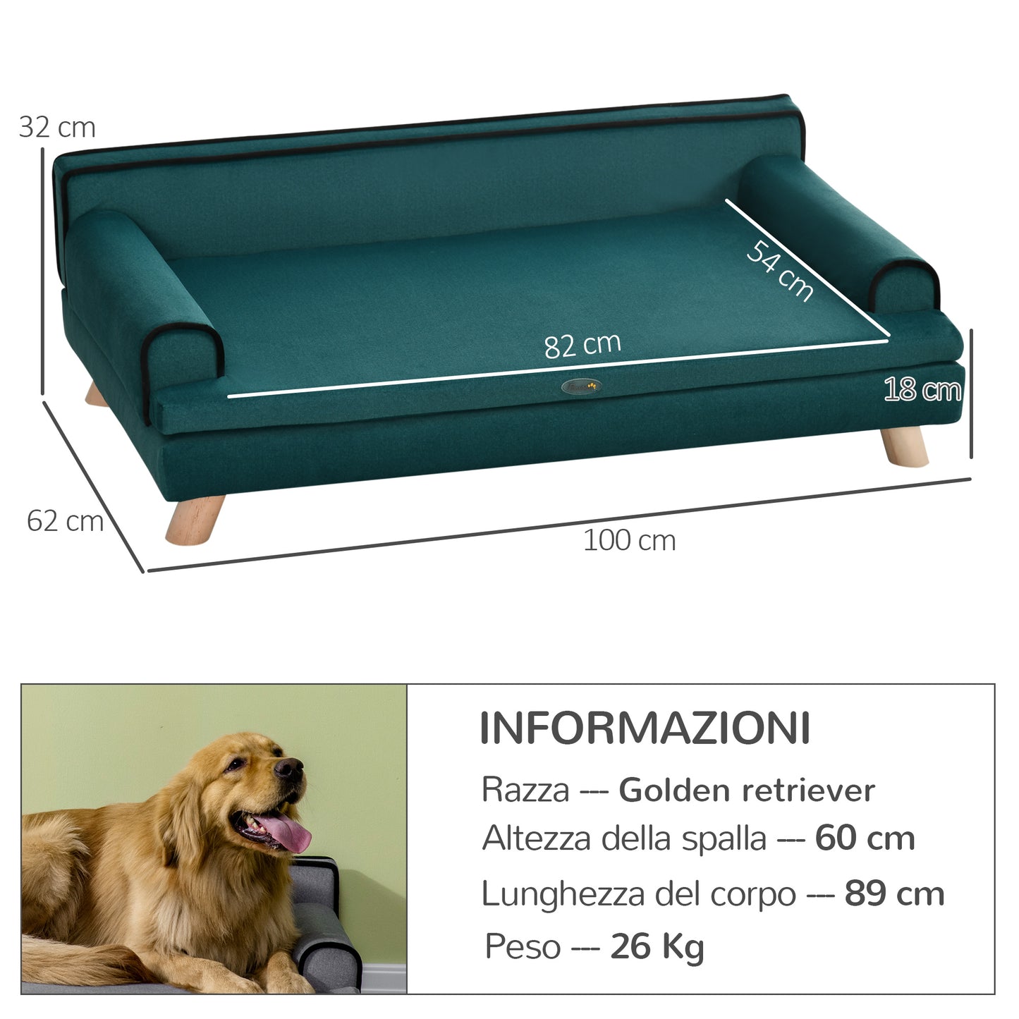 PawHut Sofa for Large Dogs with Padding, Soft and Washable Cover, Wooden Legs, Green