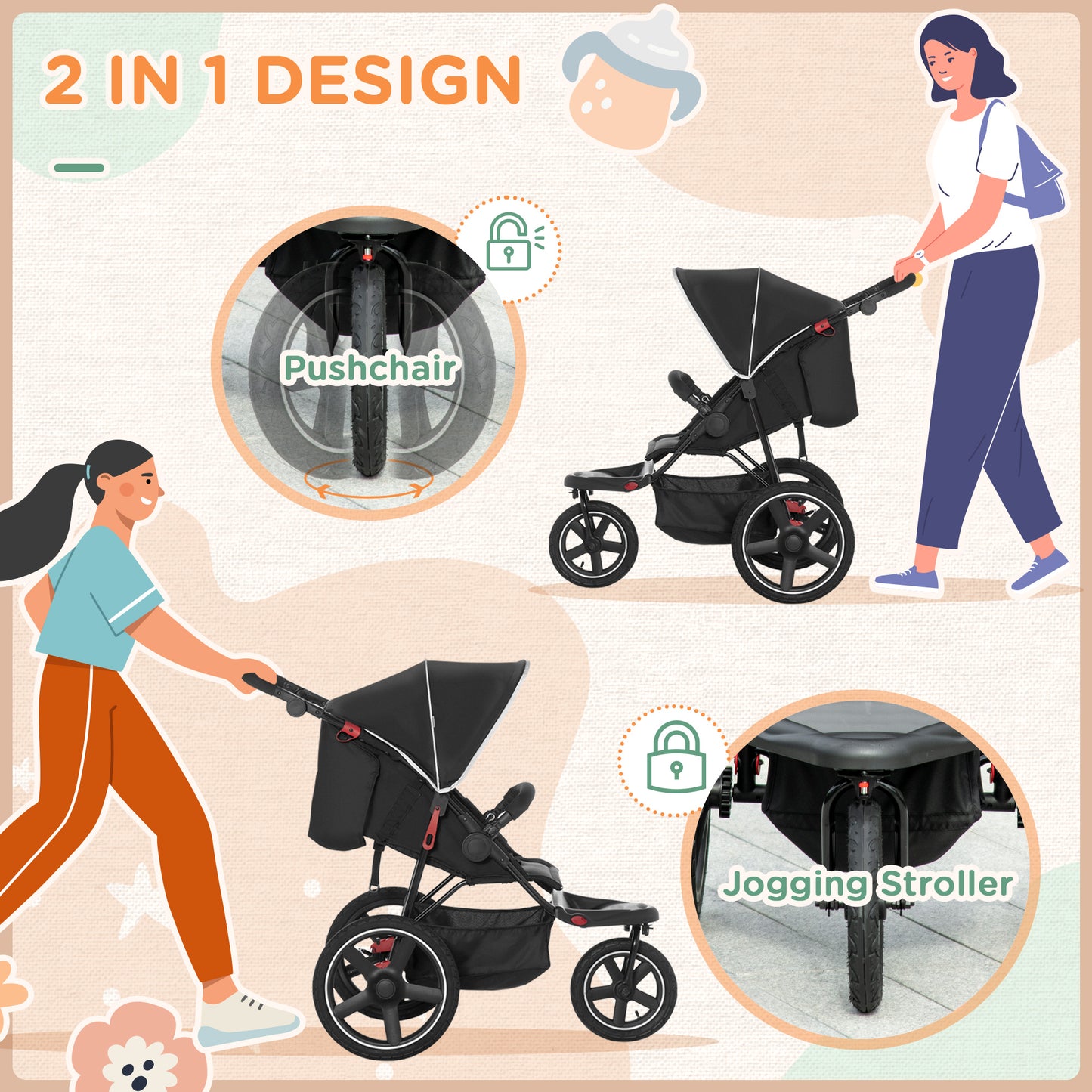 HOMCOM Foldable Stroller for Children 0-36 Months with Adjustable Roof and Storage Basket, 128x58x106 cm, Black