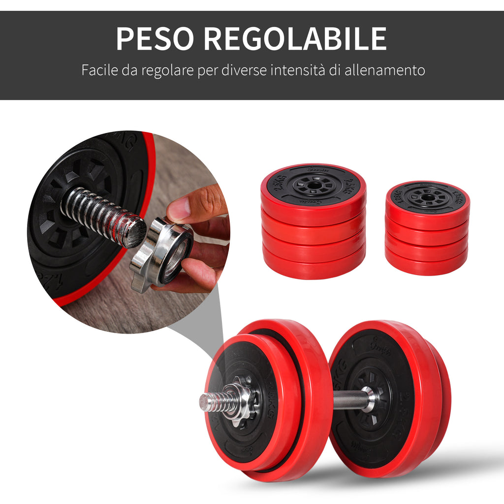 2 in 1 Barbell and Dumbbell Set 20kg Weights, Discs with Anti-Scratch Plastic Coating, Red and Black