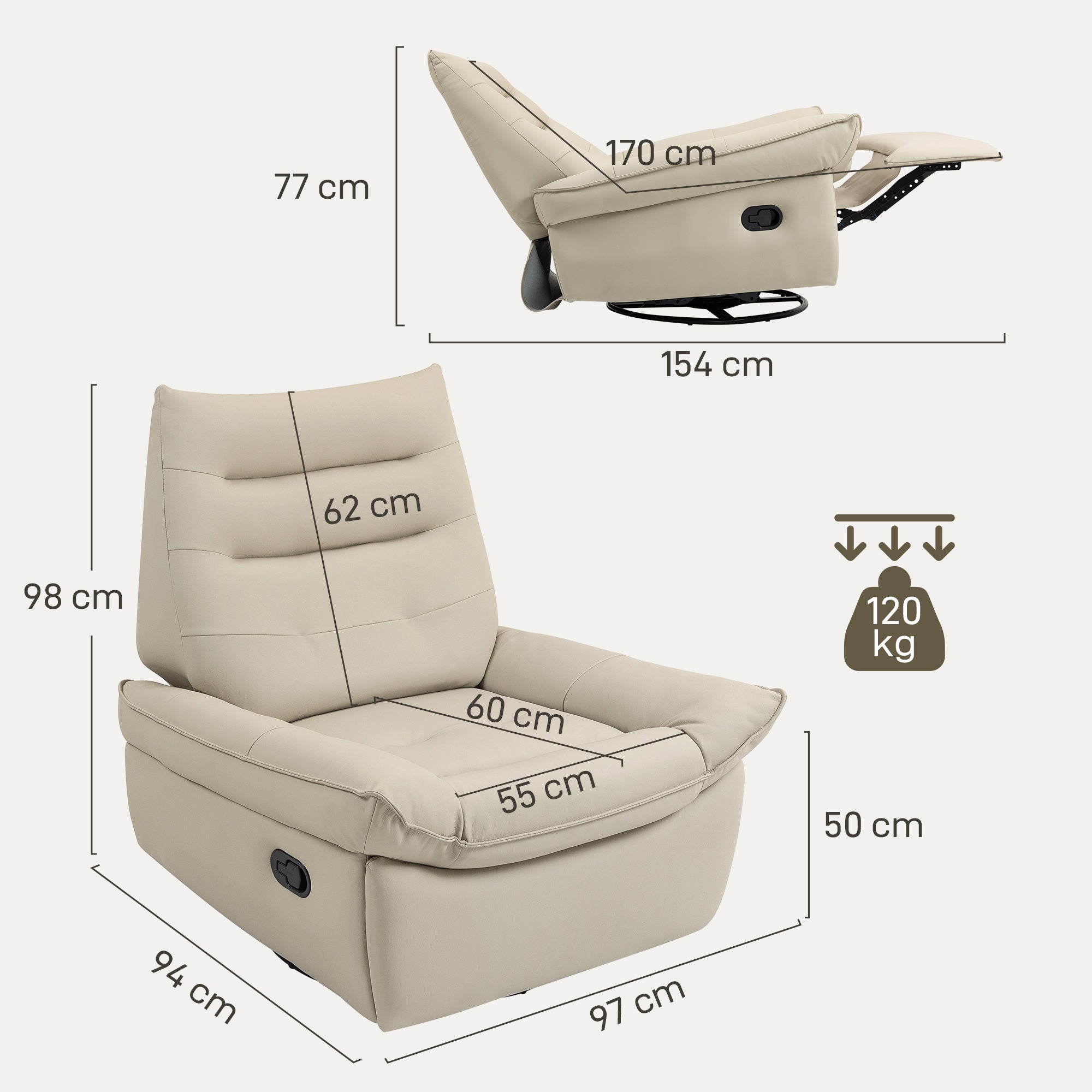 Manually Reclining Relaxing Chair with Footrest and Swivel Base without Armrests, Cream