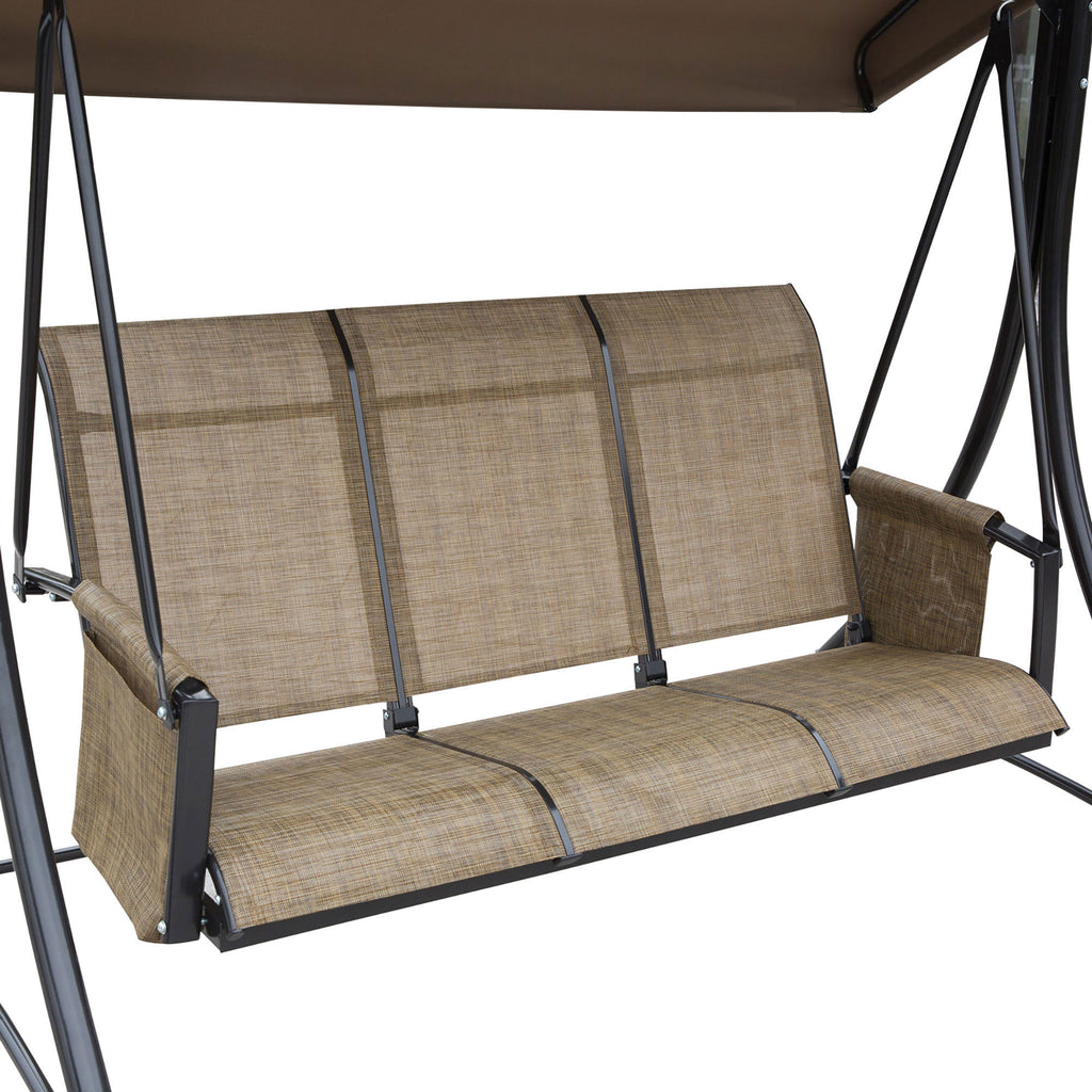 3-Seater Garden Swing with Adjustable Canopy and Storage Pockets, Brown, 196 x 128 x 172 cm