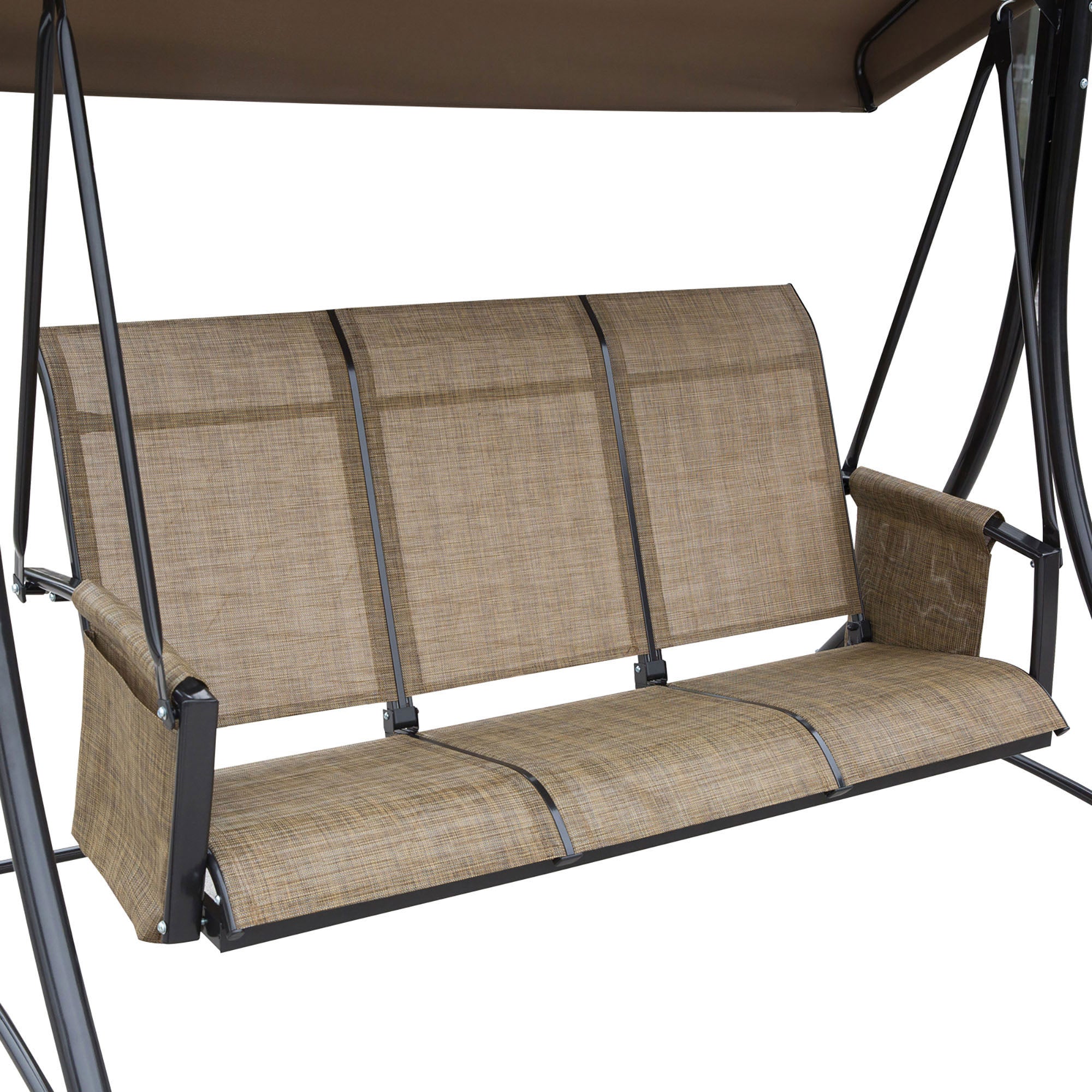 3-Seater Garden Swing with Adjustable Canopy and Storage Pockets, Brown, 196 x 128 x 172 cm
