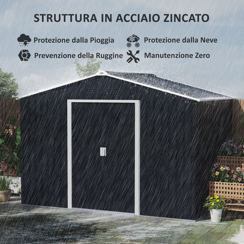 Steel Tool Shed with Sloped Roof and 2 Sliding Doors, 277x195x192 cm, Dark Grey
