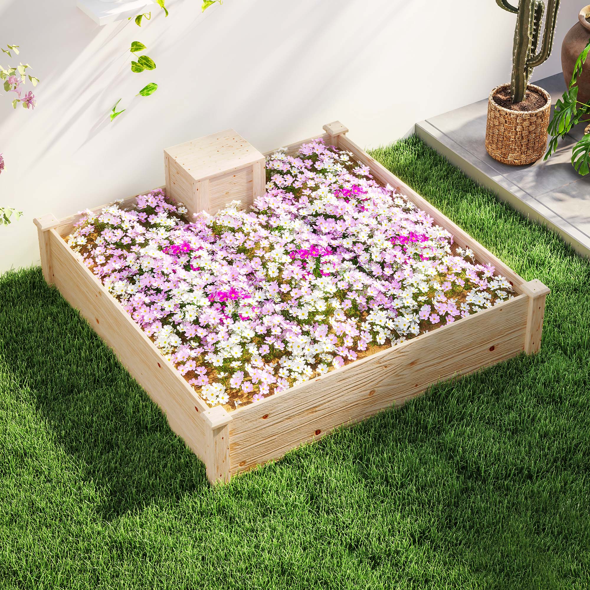 Outdoor Planter in Fir Wood with Composter and Open Bottom, 123x123x25.5 cm, Wood color