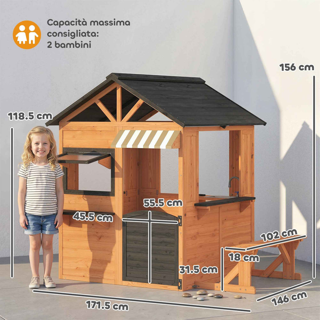 AIYAPLAY Children's Garden Playhouse Made of Fir Wood with Snack Bar, Windows, Half Door, Bench and Brown Roof