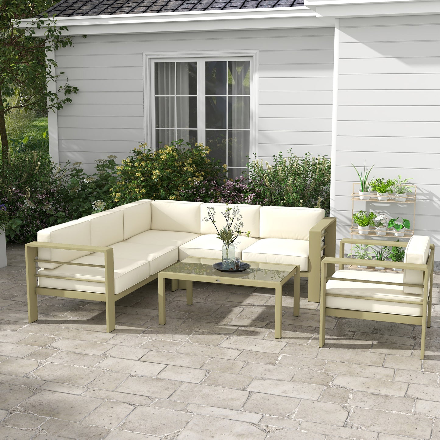 MIDERA | 5-piece garden set in aluminum with coffee table, 2 sofas, corner armchair and single armchair - Borgè