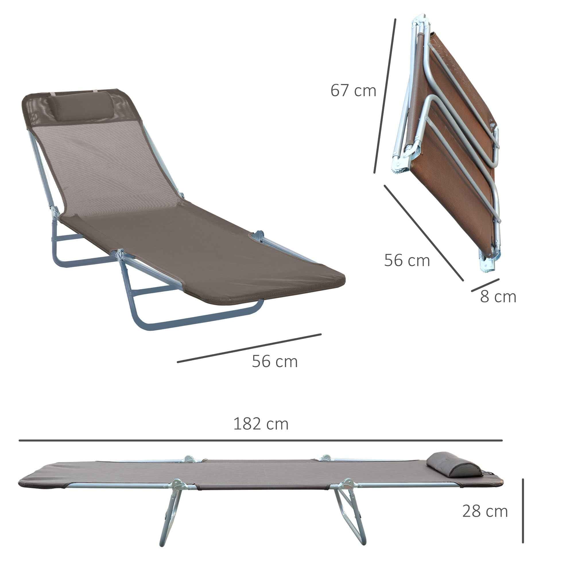 Outsunny Folding Sun Lounger with Reclining Backrest and Cushion, 182 x 56 x 24.5 cm, Brown and Silver