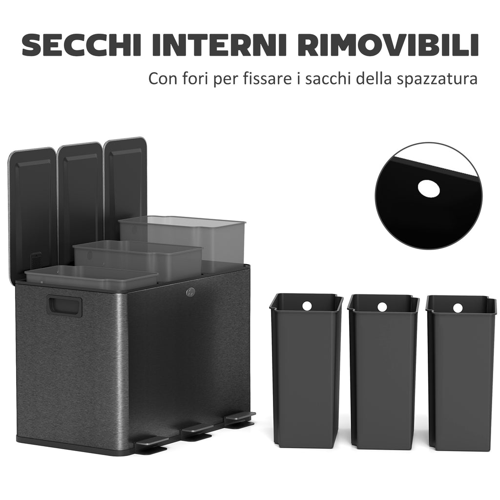 20L 3-Section Rubbish Bin with Silent Closure, Stainless Steel and PP, 61.9 x 36.6 x 56.7 cm, Black