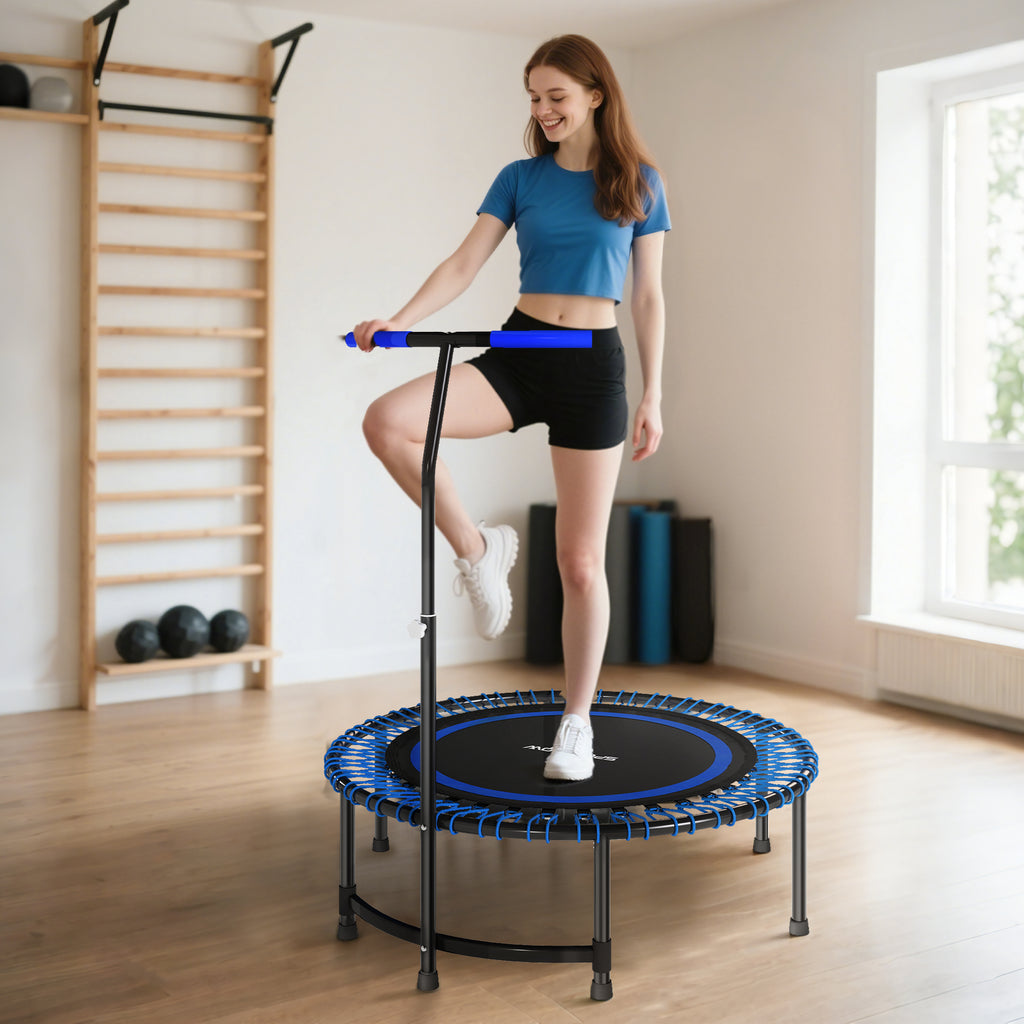 Fitness Trampoline Ø145 cm with 5-Position Adjustable Handlebar, 36 Bungee Springs and 150 kg Capacity, Blue