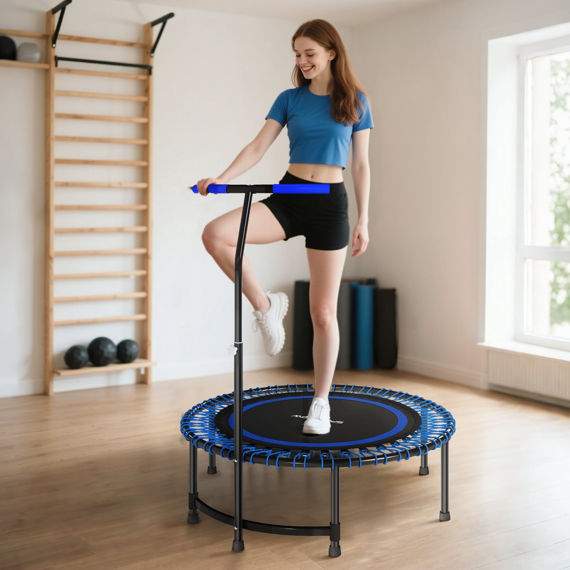 Fitness Trampoline Ø145 cm with 5-Position Adjustable Handlebar, 36 Bungee Springs and 150 kg Capacity, Blue