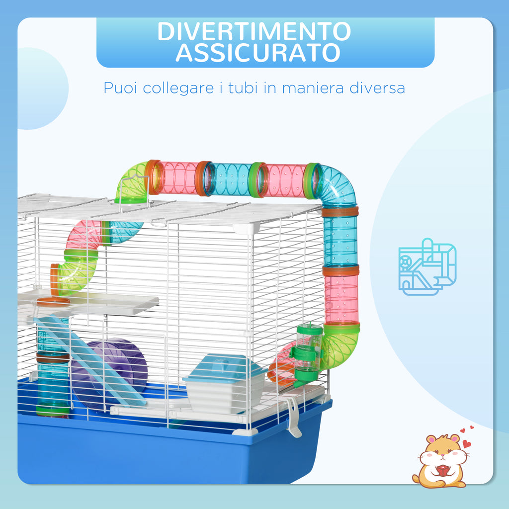 3-Tier Hamster Cage with Tunnel, House and Hamster Wheel, 59x36x47cm, Blue and White