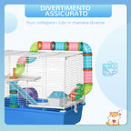 3-Tier Hamster Cage with Tunnel, House and Hamster Wheel, 59x36x47cm, Blue and White