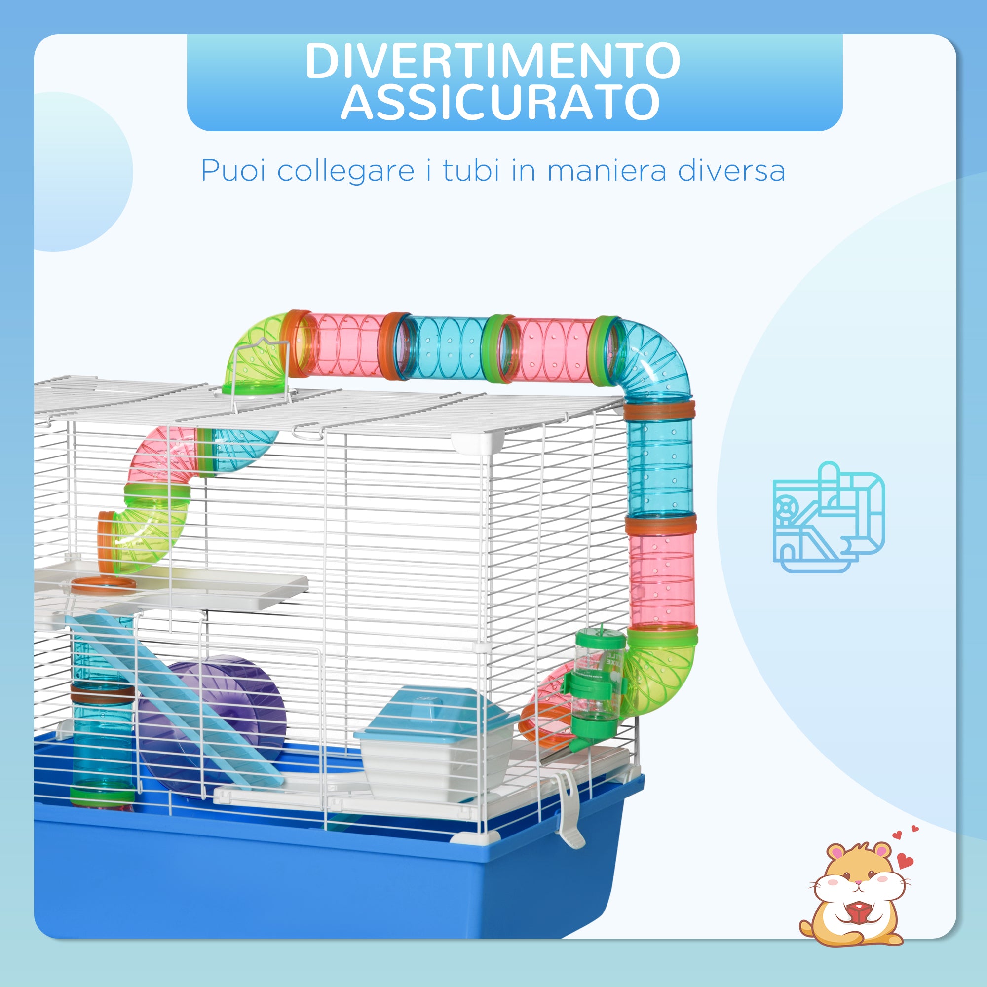 3-Tier Hamster Cage with Tunnel, House and Hamster Wheel, 59x36x47cm, Blue and White