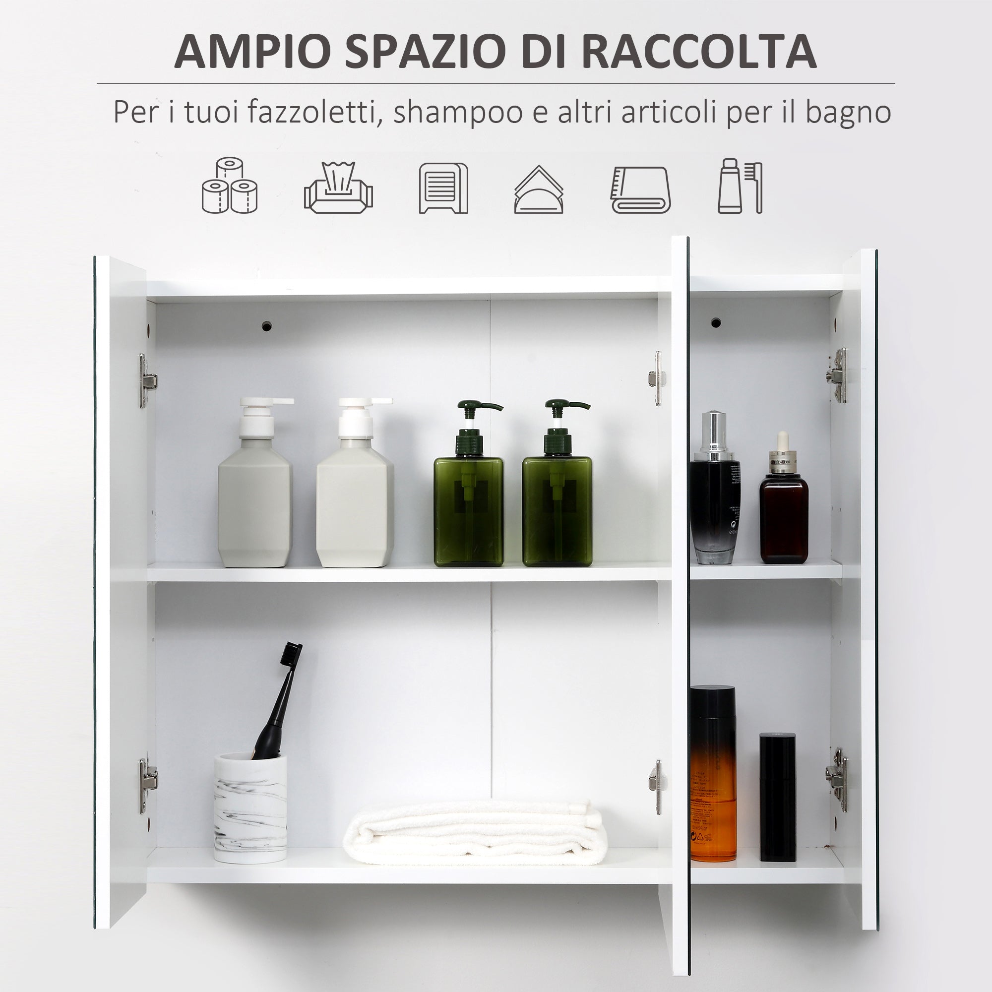 Bathroom Cabinet with 3 Mirrored Doors and Adjustable Shelves, 70x15x60cm, White - Borgè