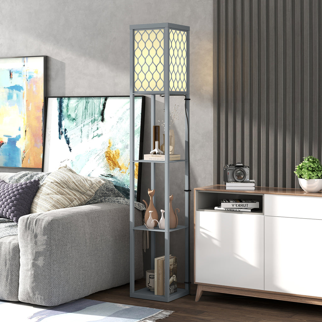 HOMCOM Space-Saving Floor Lamp with 3 Shelves, E27 Socket, for Living Room, Lounge and Office, Light Grey