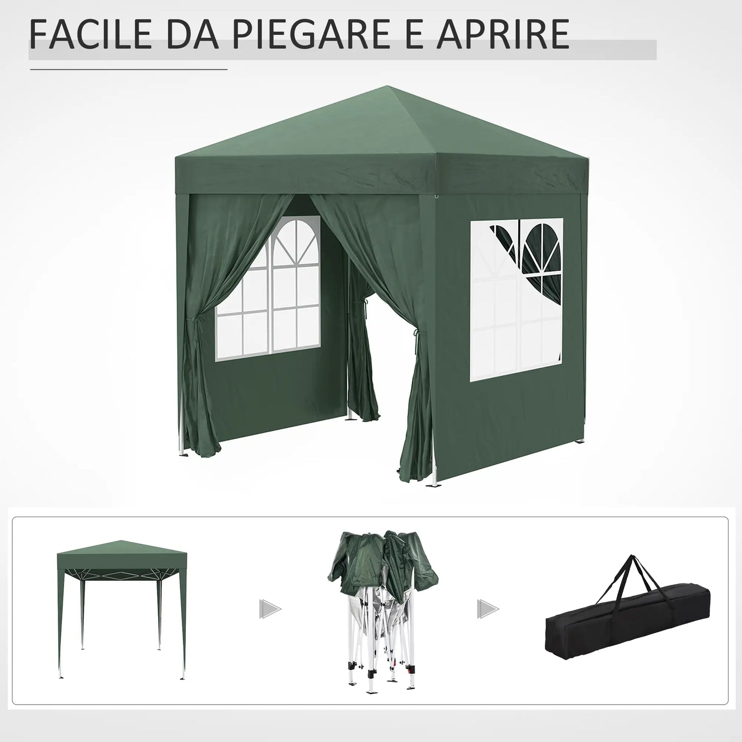 Gazebo 2x2 m Folding with 4 Removable Walls and Carry Bag, in Metal and Polyester, Green