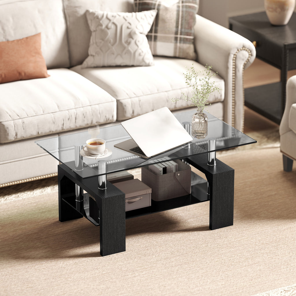 HOMCOM Modern 2-Tier Wood and Steel Coffee Table with Tempered Glass Top, 90x50x42 cm, Black