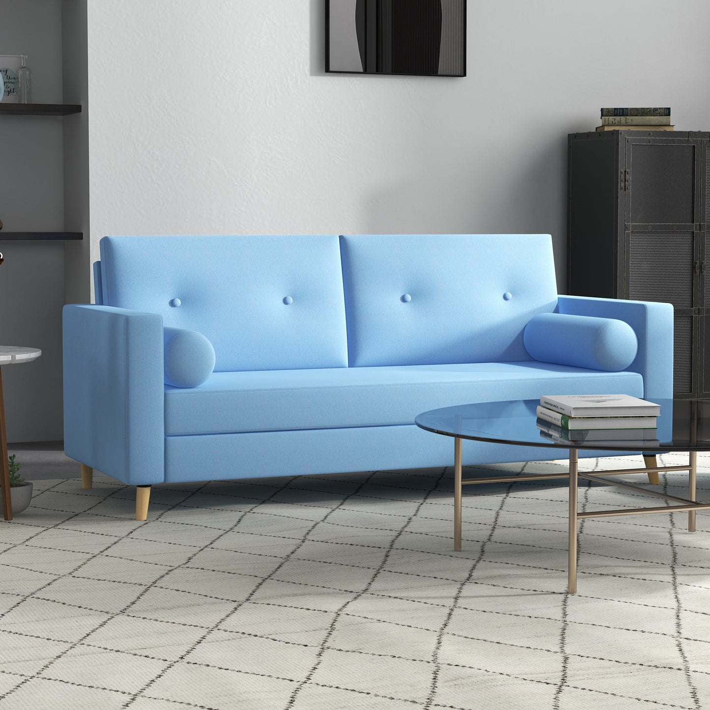 NUVOLA - 3 Seater Fabric Sofa with 2 Cylinder Cushions, 180x81x83cm, Blue