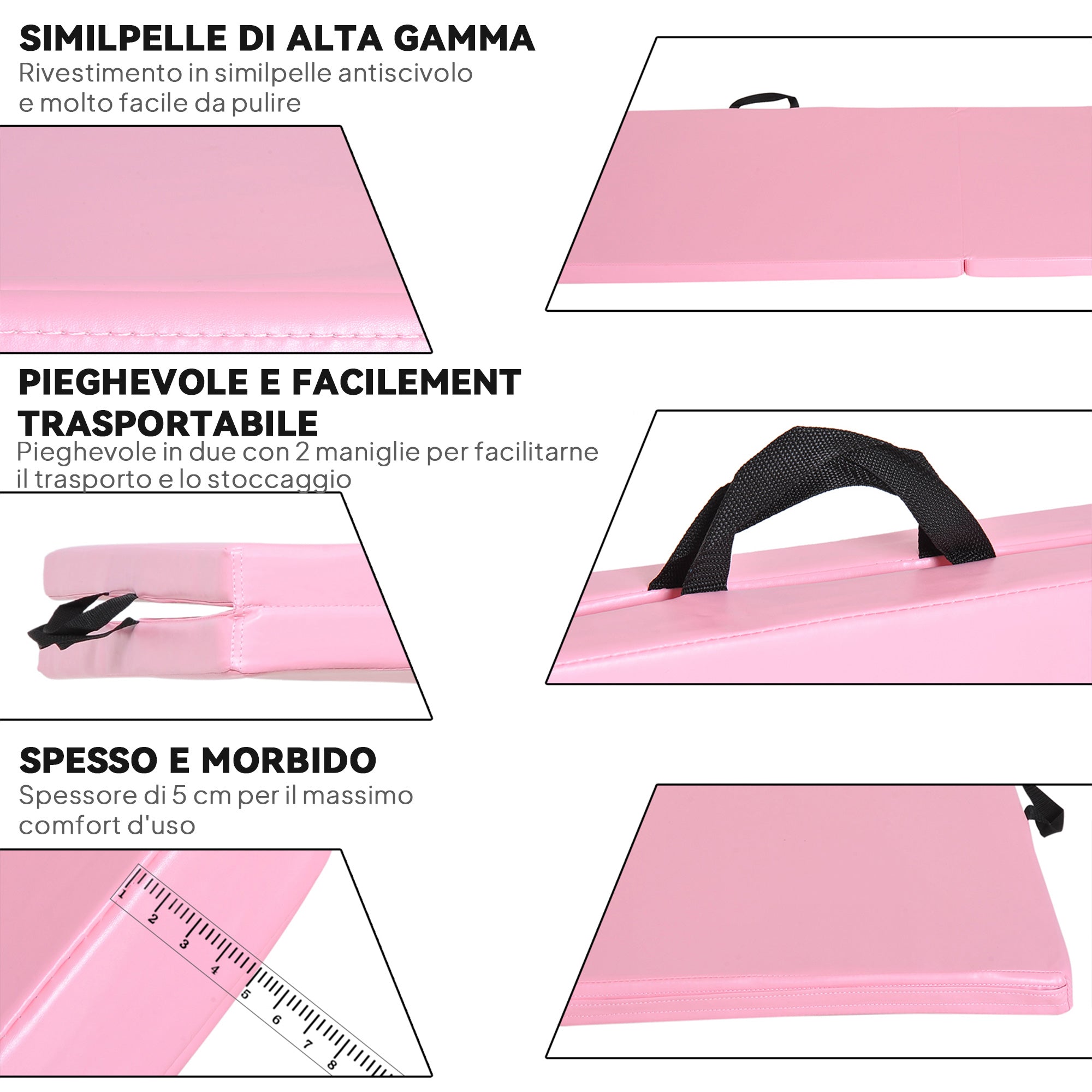 Foldable Gymnastics Mat, 5cm Thick and Non-Slip Fitness Mat, 180x60x5cm, Pink
