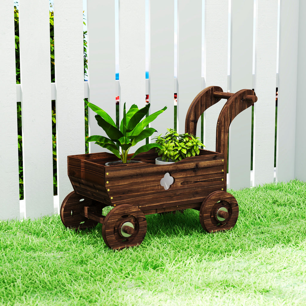 Outsunny Wooden Cart Planter with 4 Wheels, Handle and Drainage Holes, 68x38x52 cm, Wood