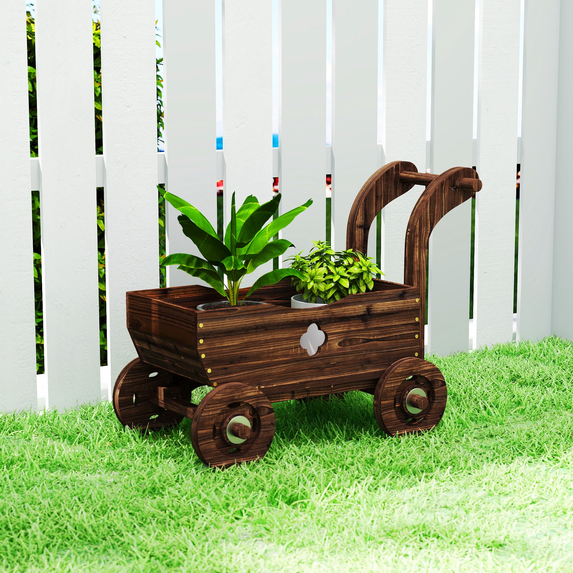 Outsunny Wooden Cart Planter with 4 Wheels, Handle and Drainage Holes, 68x38x52 cm, Wood
