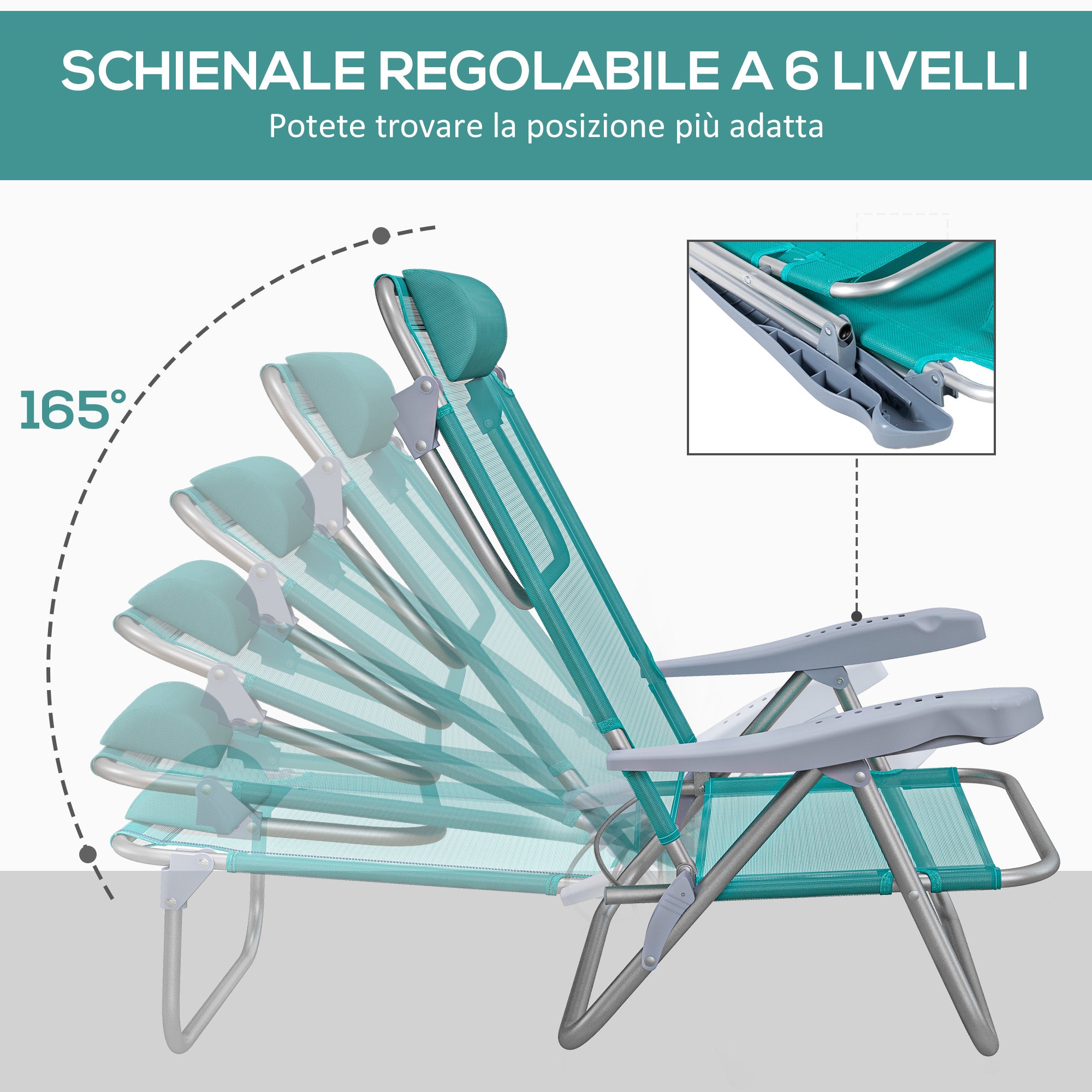 Set of 2 Folding and Reclining Camping Chairs on 6 Levels, in Aluminum and Foam, 62x65x80 cm, Gray to Light Blue