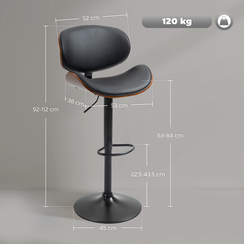 Set of 2 Bar Stools with Height-Adjustable Backrest, Wood and Faux Leather, 53x52x92-112 cm, Black