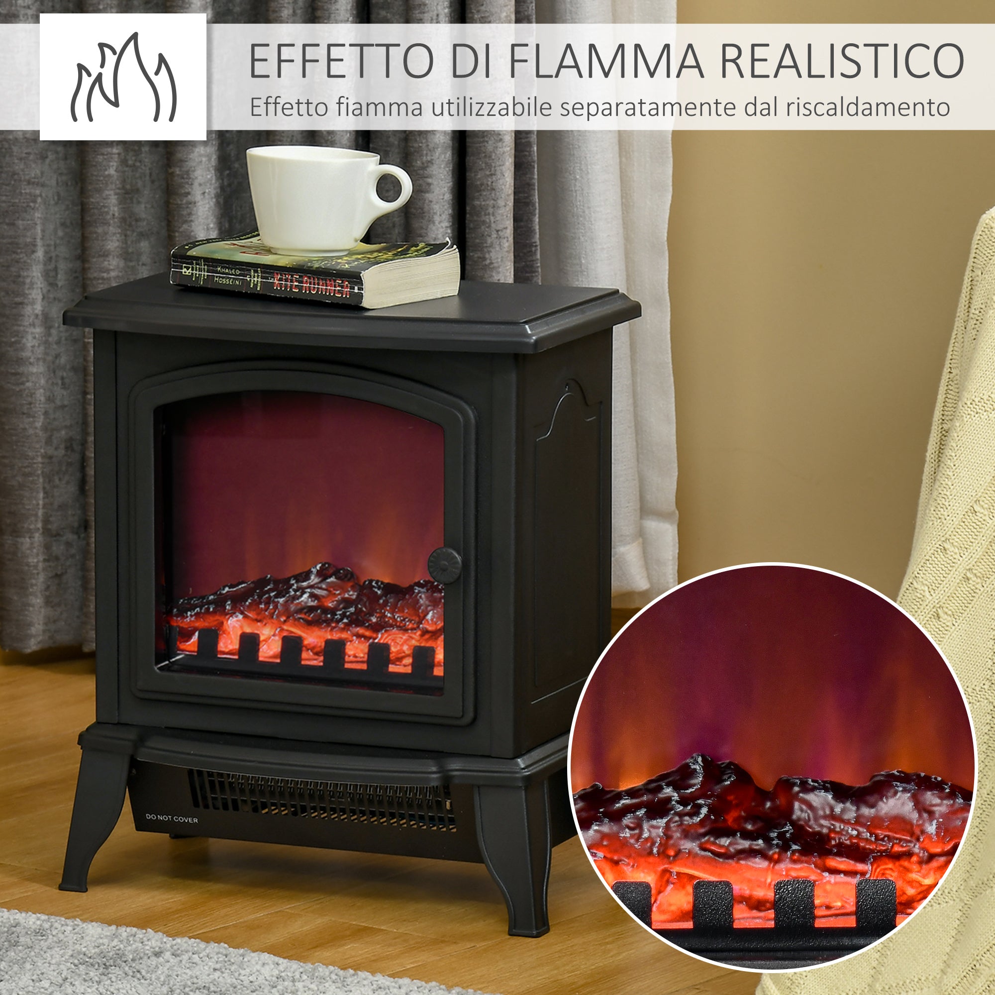 Portable Electric Fireplace 1000W/2000W with Flame Effect, ABS and Tempered Glass, 36.5x24x45.5 cm, Black
