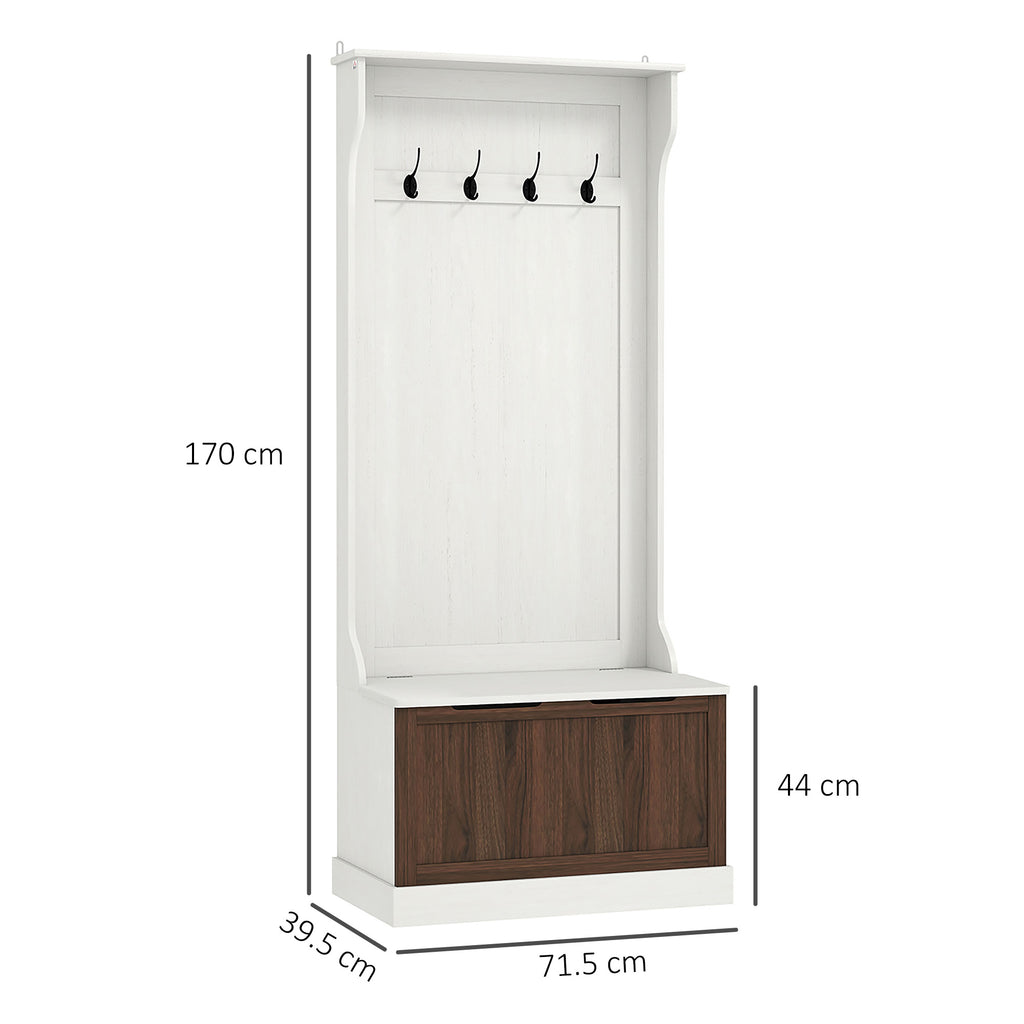 3 in 1 Clothes Hanger with 4 Hooks and Storage Bench, in Wood, 71.5x39.5x170 cm, White