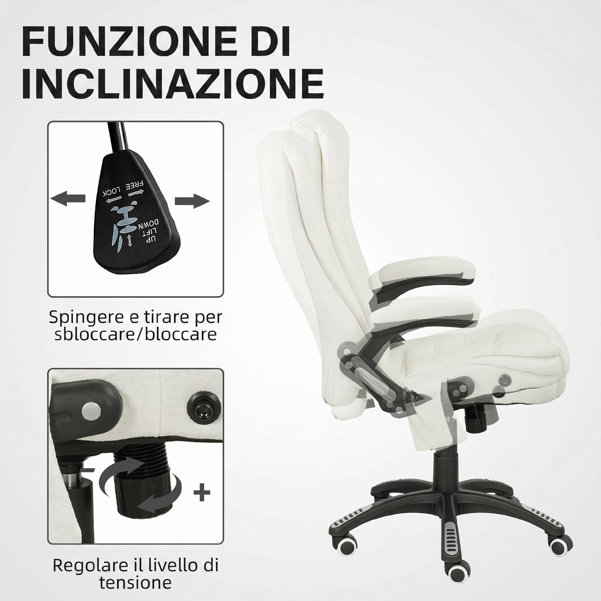 Vinsetto Reclining Massage Office Chair with Adjustable Height, Remote Control, Linen-Effect Fabric, Cream