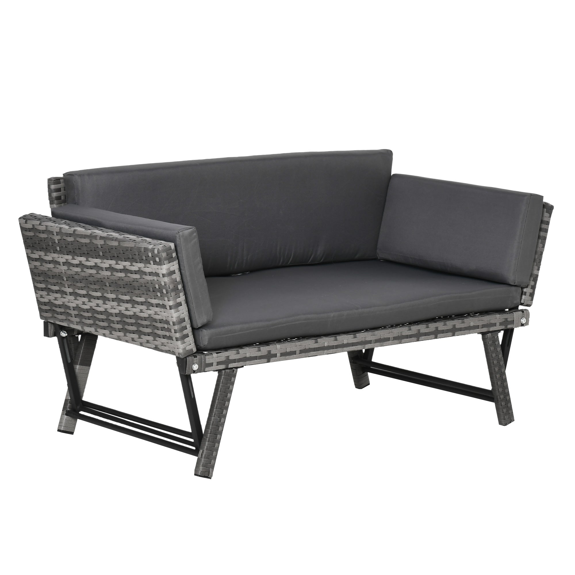 2 Seater Rattan Garden Sofa with Padding and Folding Armrests, 129x63x67cm, Grey