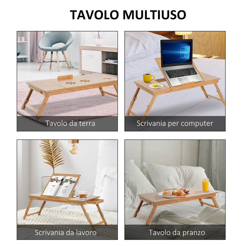 Folding and Tilting PC Bed Table with Drawer, 72x35x22-30, Wood Color